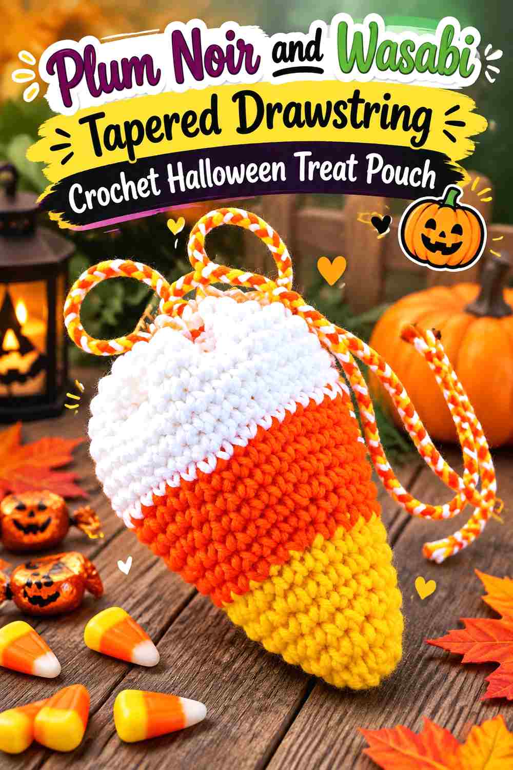 7. Plum Noir And Wasabi Tapered Drawstring Crochet Halloween Treat Pouch