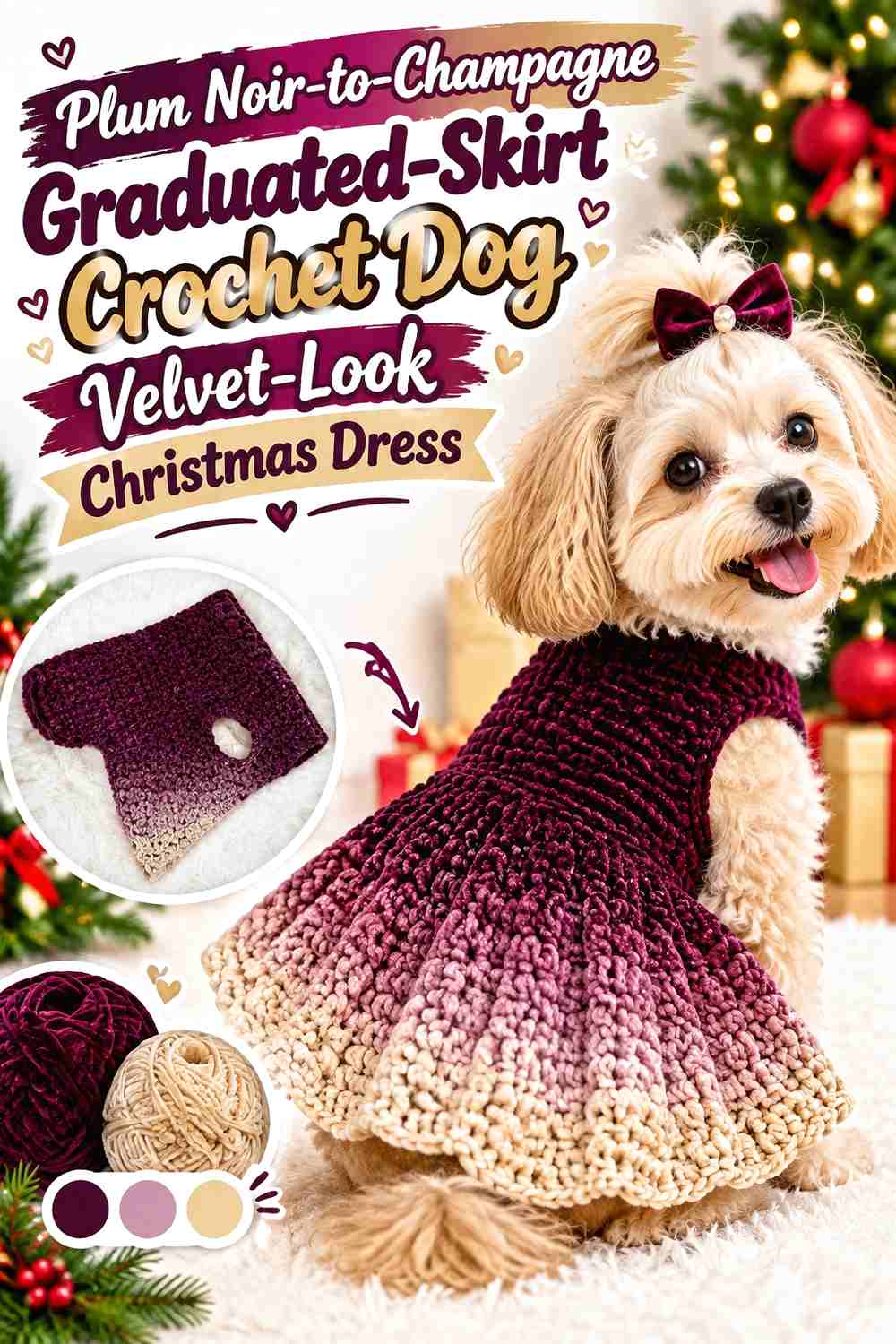 Plum Noir-to-Champagne Graduated-Skirt Crochet Dog Velvet-Look Christmas Dress