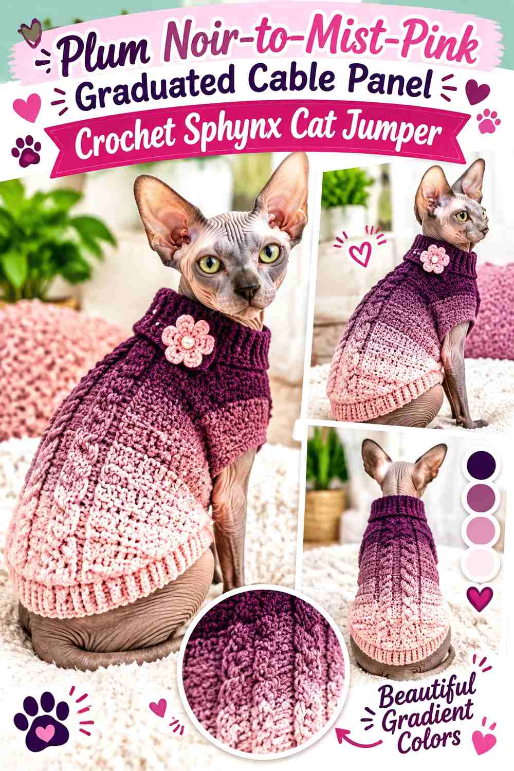 Plum Noir-to-Mist-Pink Graduated Cable Panel Crochet Sphynx Cat Jumper