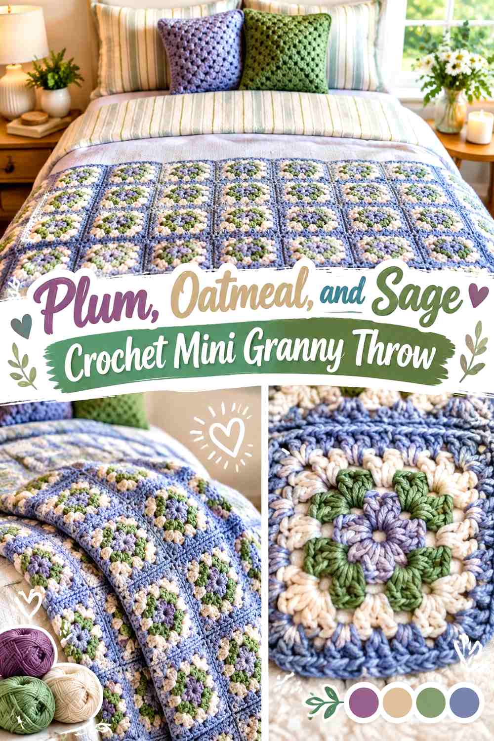 Plum, Oatmeal, and Sage Crochet Mini Granny Throw