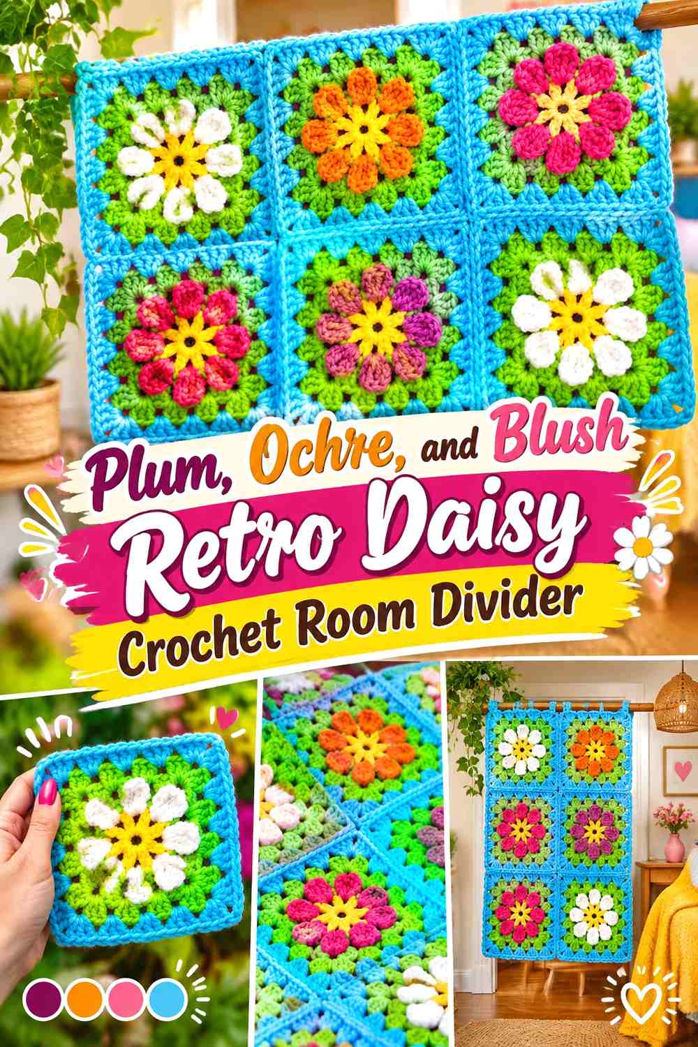 Plum, Ochre, and Blush Retro Daisy Crochet Room Divider