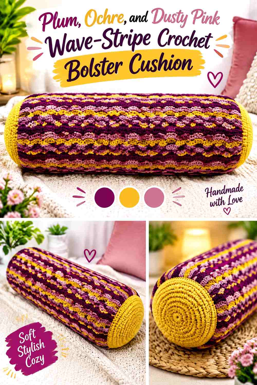 Plum, Ochre, and Dusty Pink Wave-Stripe Crochet Bolster Cushion