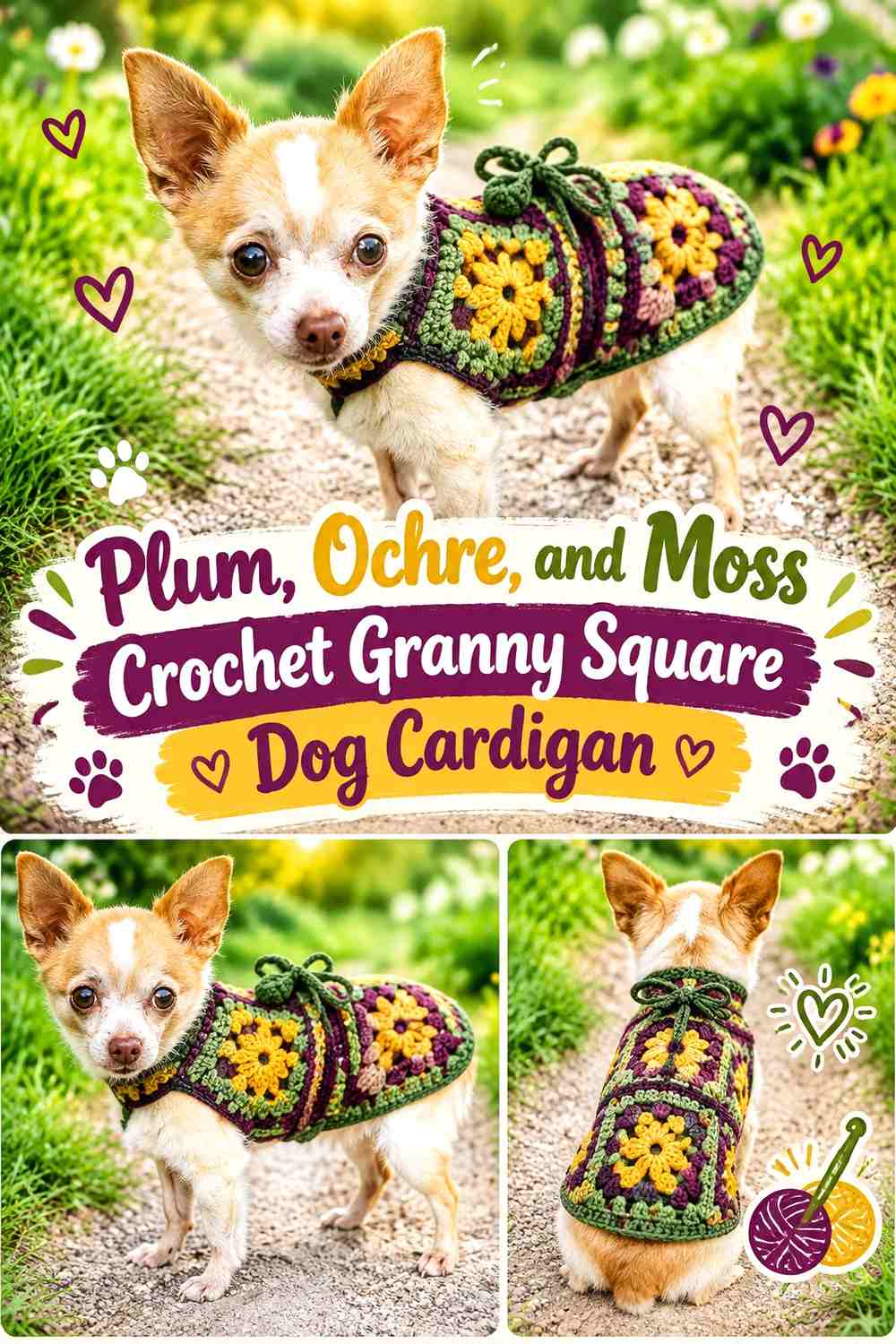 Plum, Ochre, and Moss Crochet Granny Square Dog Cardigan