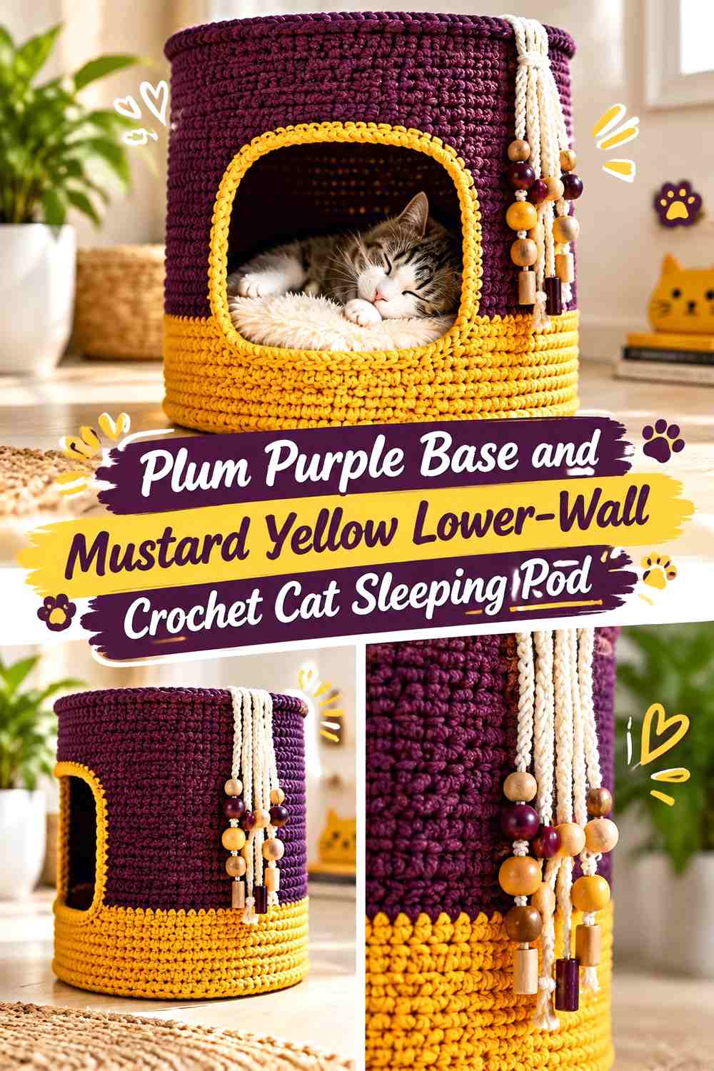Plum Purple Base and Mustard Yellow Lower-Wall Crochet Cat Sleeping Pod