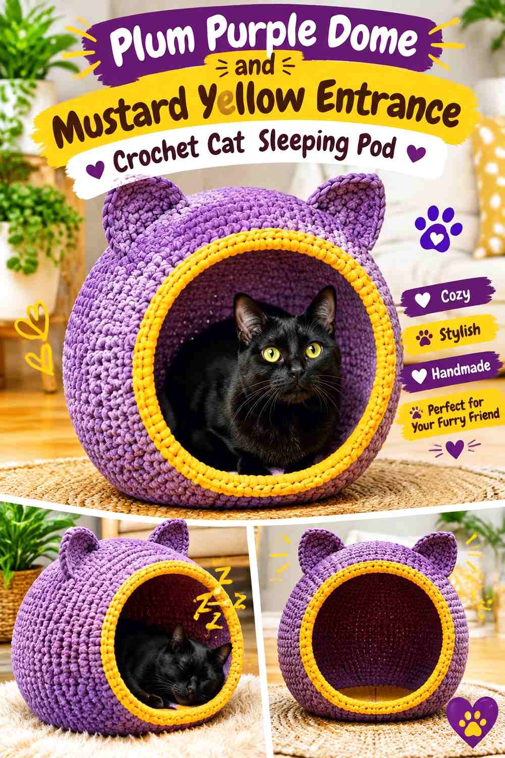 Plum Purple Dome and Mustard Yellow Entrance Crochet Cat Sleeping Pod