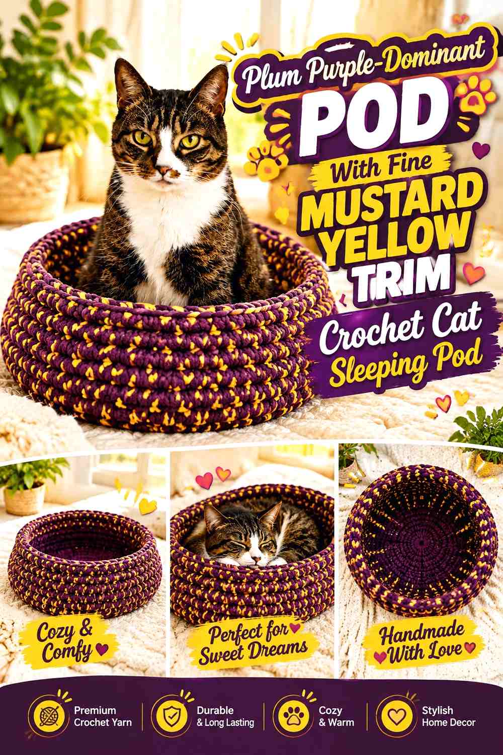 Plum Purple-Dominant Pod With Fine Mustard Yellow Trim Crochet Cat Sleeping Pod
