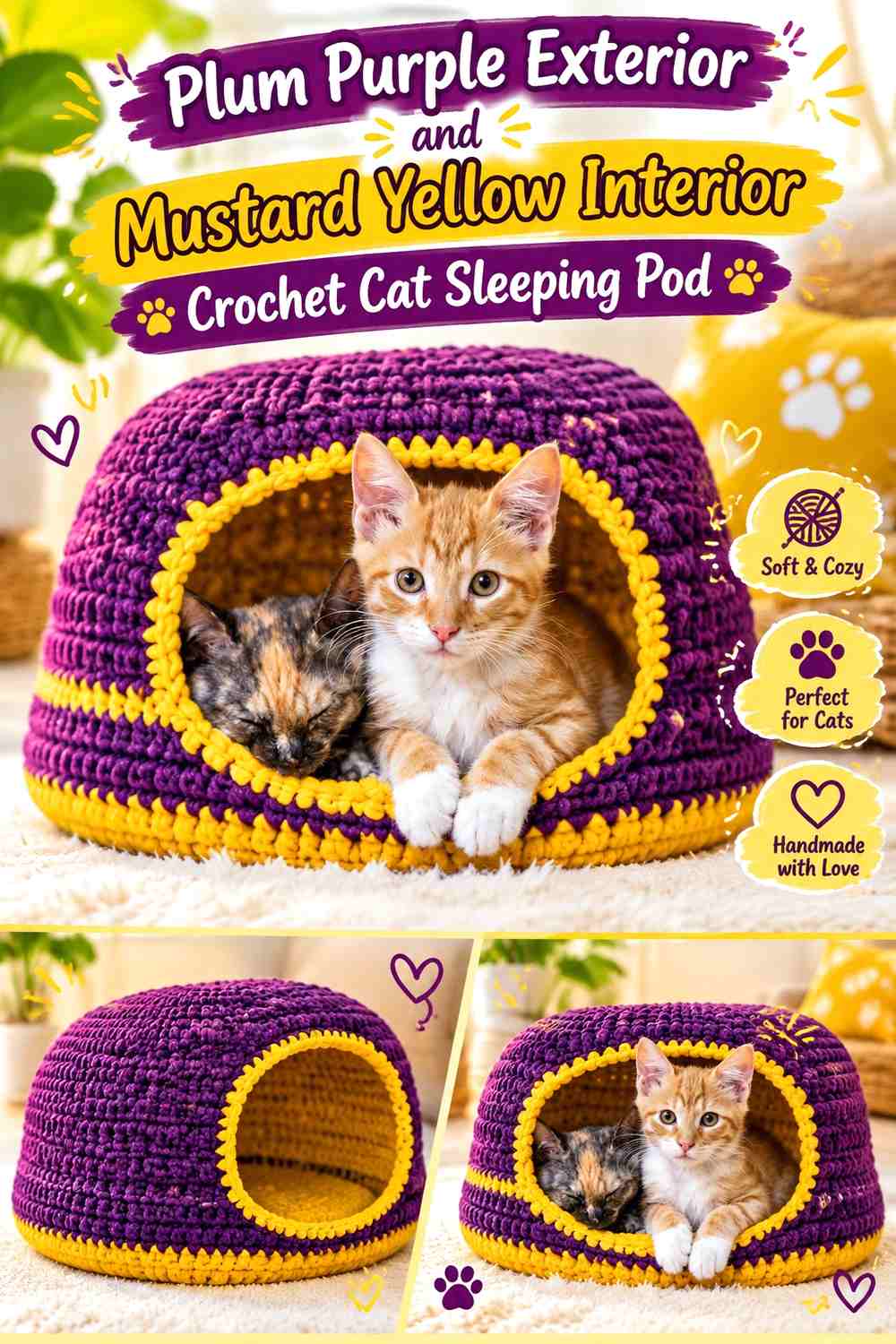 Plum Purple Exterior and Mustard Yellow Interior Crochet Cat Sleeping Pod