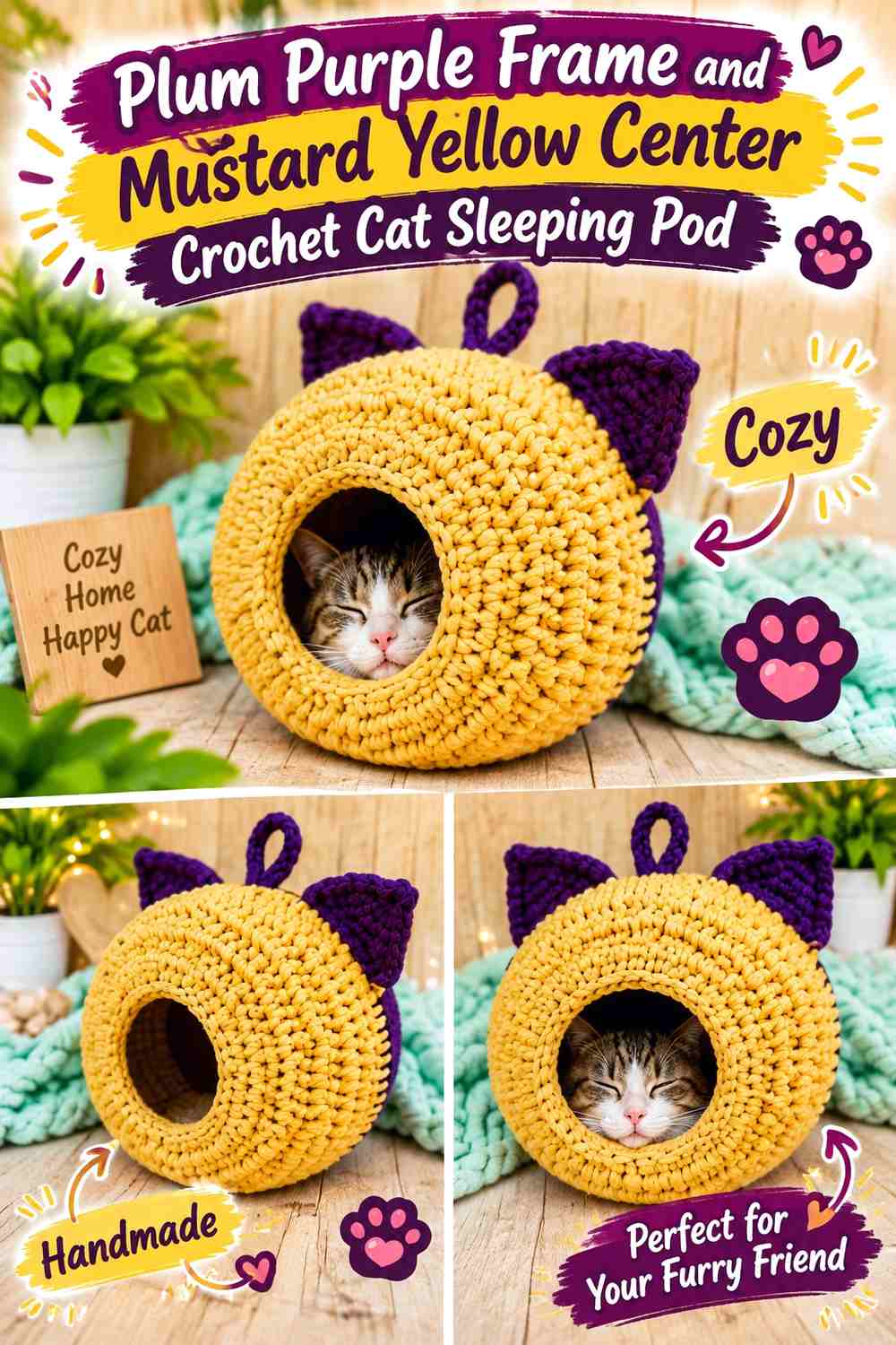 Plum Purple Frame and Mustard Yellow Center Crochet Cat Sleeping Pod