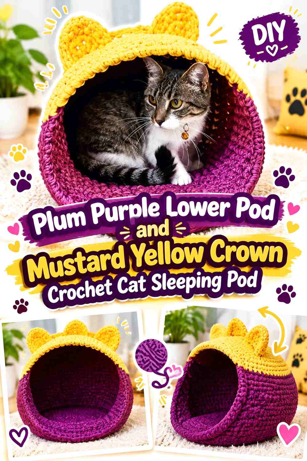 Plum Purple Lower Pod and Mustard Yellow Crown Crochet Cat Sleeping Pod