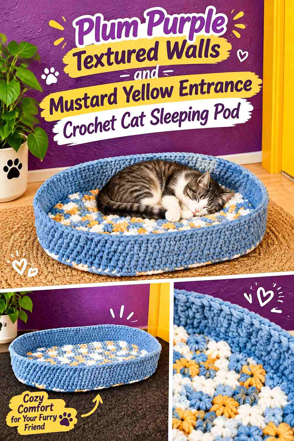 Plum Purple Textured Walls and Mustard Yellow Entrance Crochet Cat Sleeping Pod