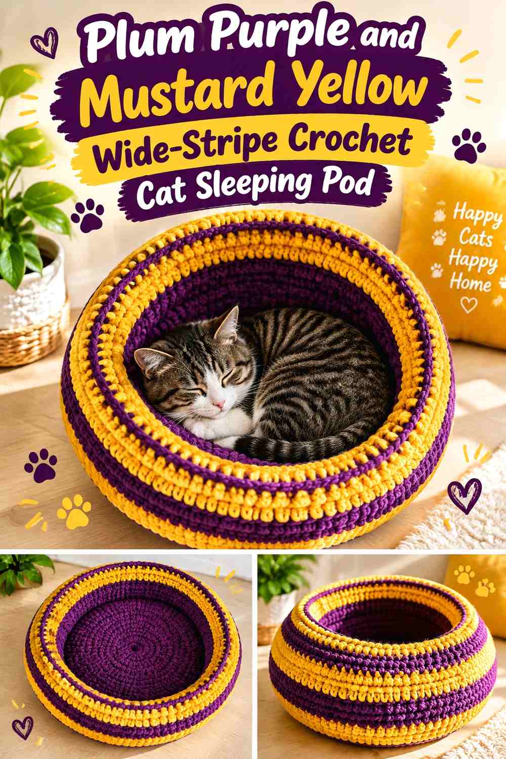 Plum Purple and Mustard Yellow Wide-Stripe Crochet Cat Sleeping Pod