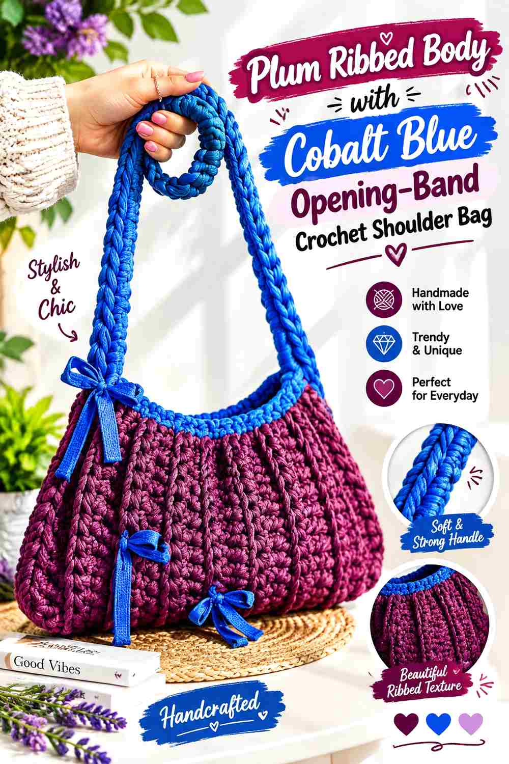 5. Plum Ribbed Body With Cobalt Blue Opening Band Crochet Shoulder Bag