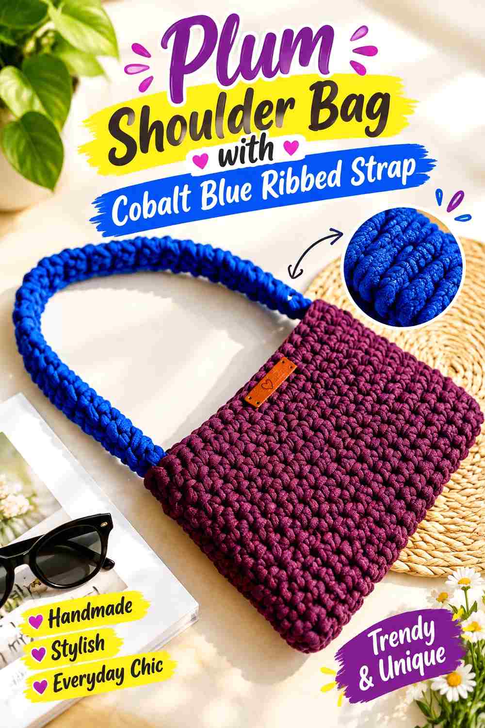 8. Plum Shoulder Bag With Cobalt Blue Ribbed Strap
