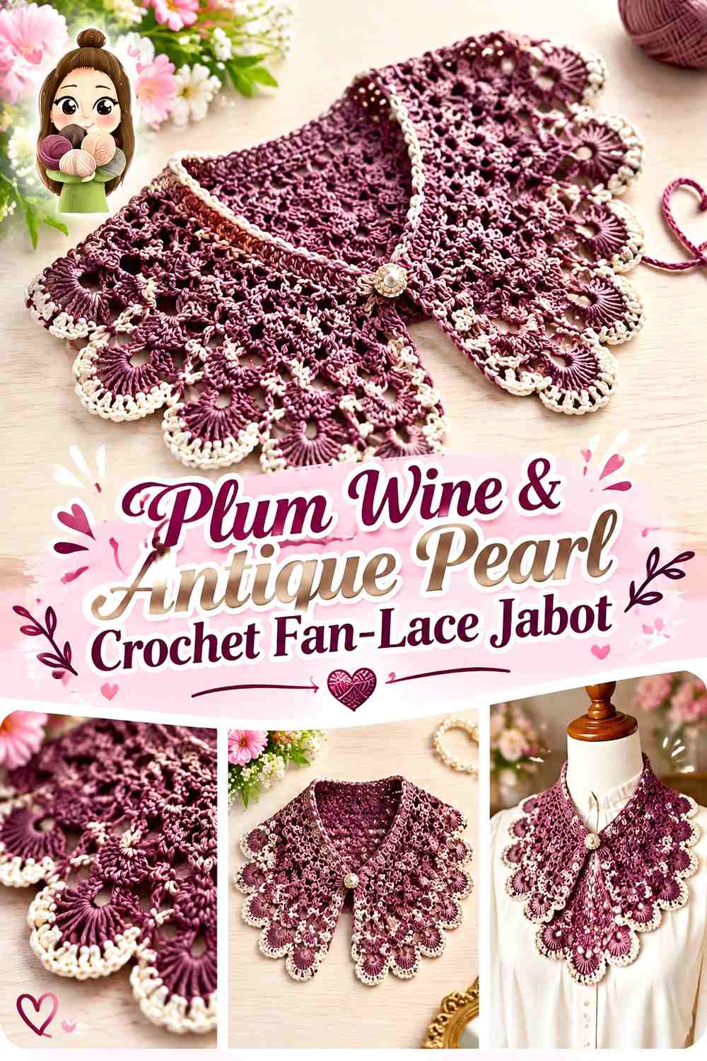 Plum Wine & Antique Pearl Crochet Fan-Lace Jabot