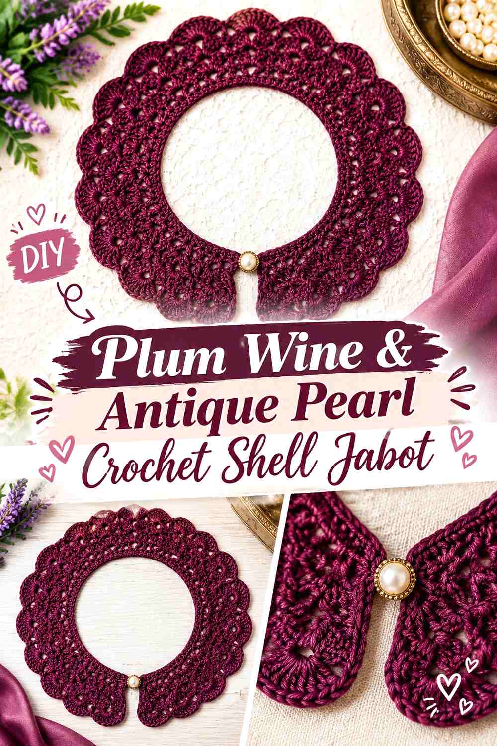 Plum Wine & Antique Pearl Crochet Shell Jabot
