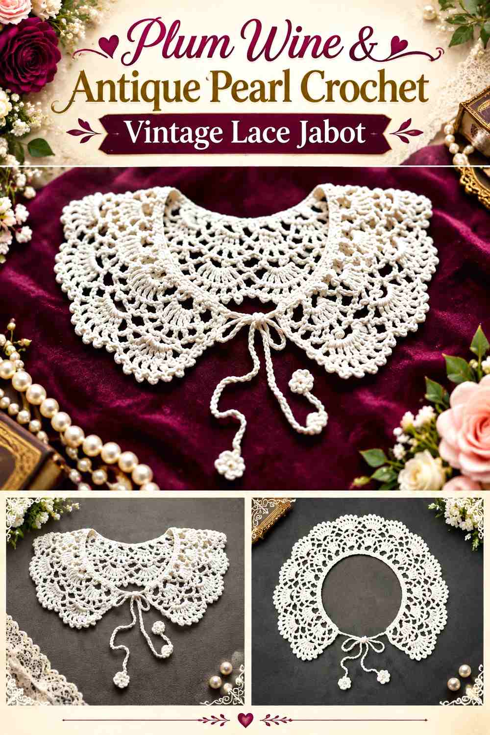 Plum Wine & Antique Pearl Crochet Vintage Lace Jabot