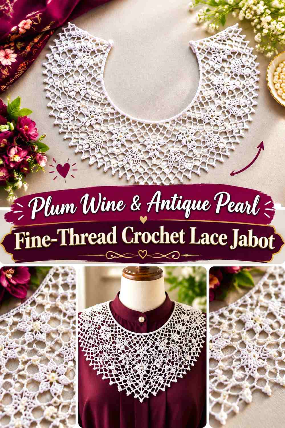 Plum Wine & Antique Pearl Fine-Thread Crochet Lace Jabot