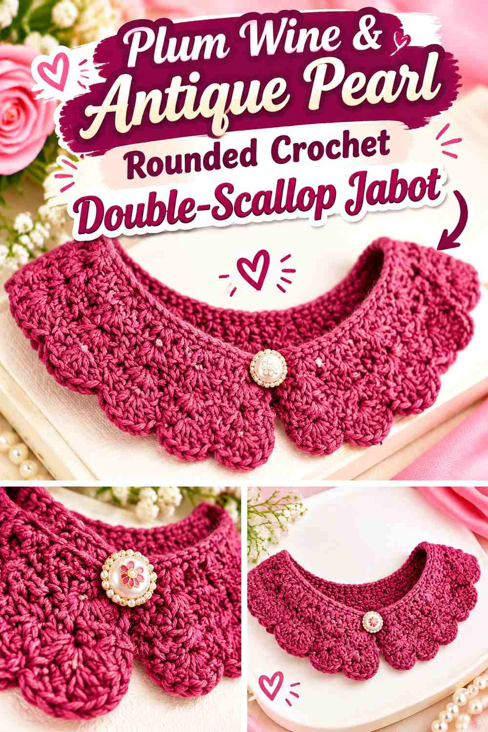 Plum Wine & Antique Pearl Rounded Crochet Double-Scallop Jabot