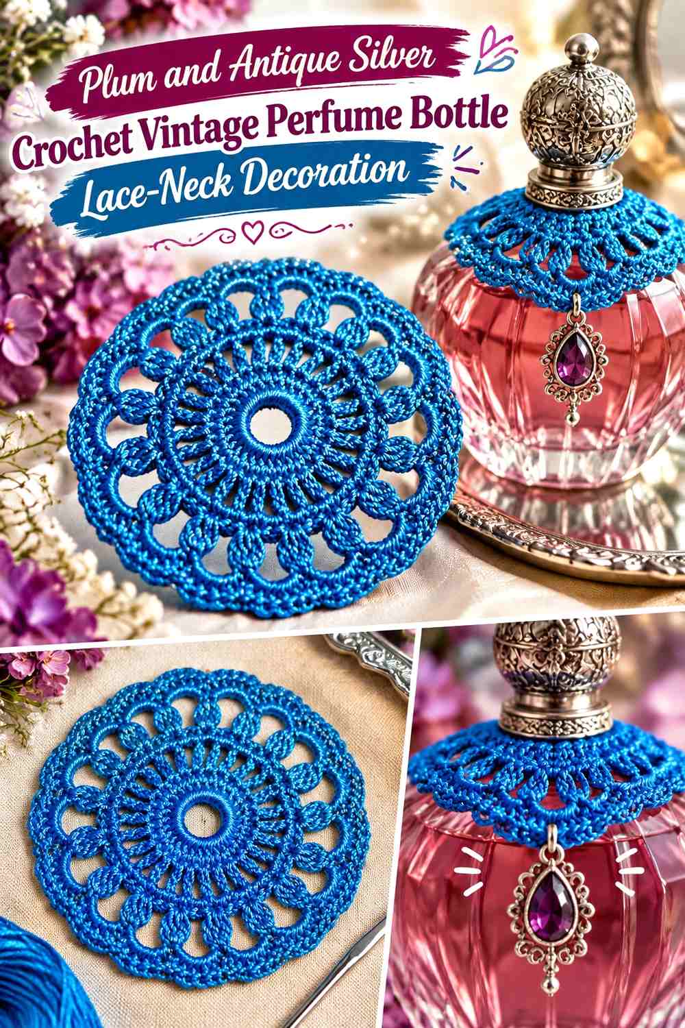 Plum and Antique Silver Crochet Vintage Perfume Bottle Lace-Neck Decoration