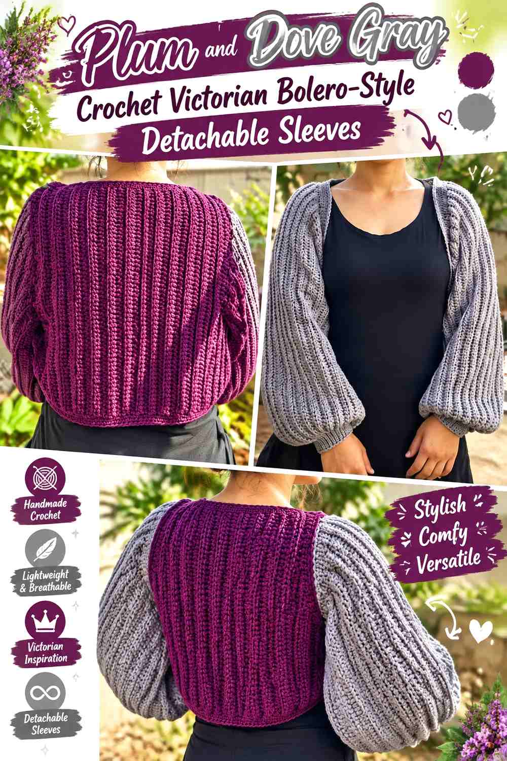 Plum and Dove Gray Crochet Victorian Bolero-Style Detachable Sleeves