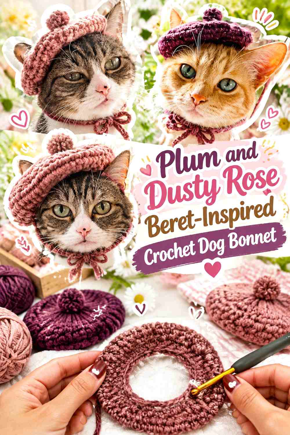 Plum and Dusty Rose Beret-Inspired Crochet Dog Bonnet