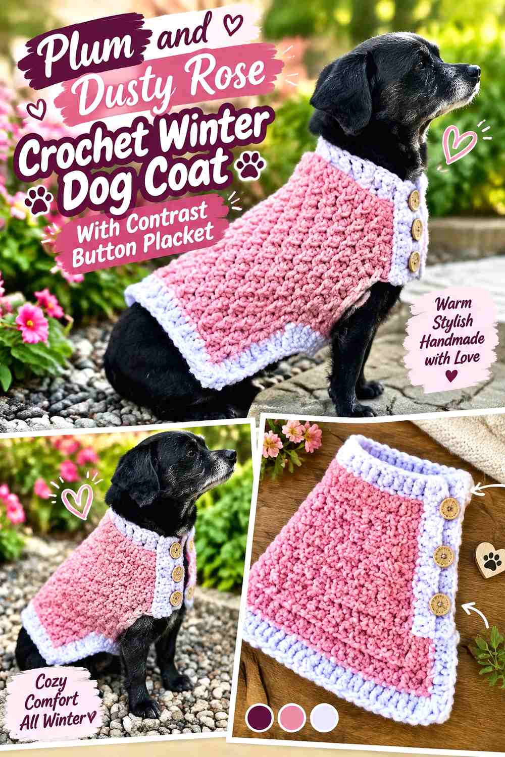 Plum and Dusty Rose Crochet Winter Dog Coat With Contrast Button Placket