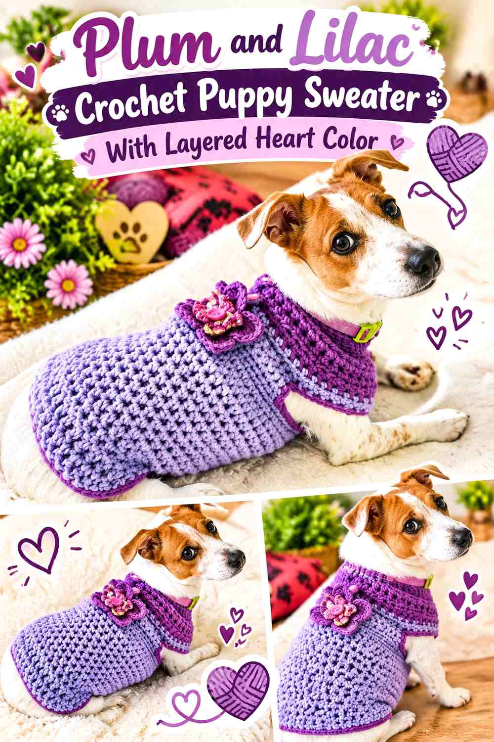 Plum and Lilac Crochet Puppy Sweater With Layered Heart Color