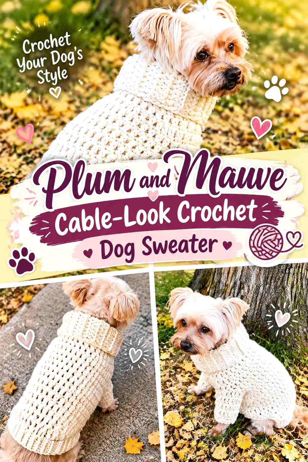 Plum and Mauve Cable-Look Crochet Dog Sweater