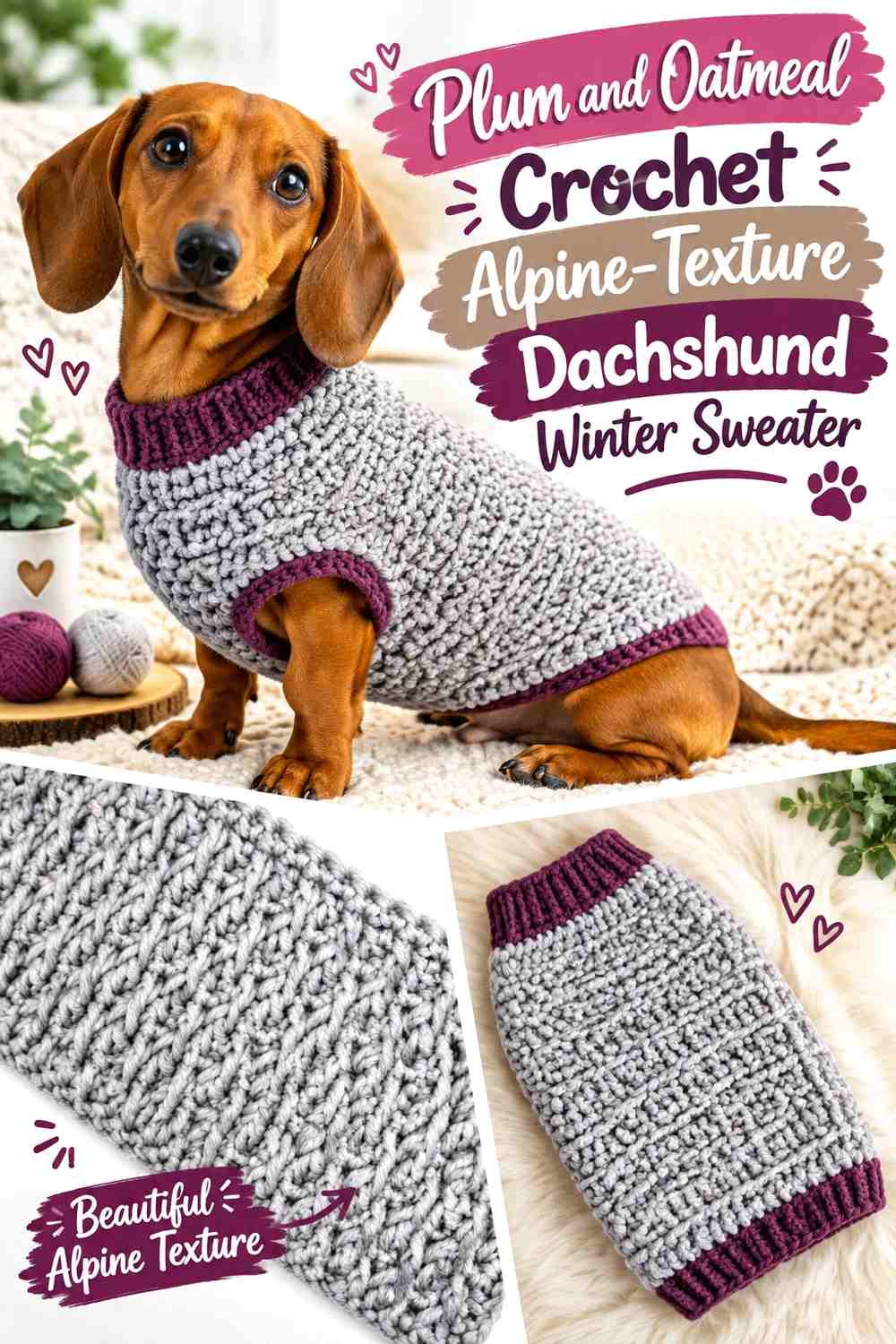 Plum and Oatmeal Crochet Alpine-Texture Dachshund Winter Sweater