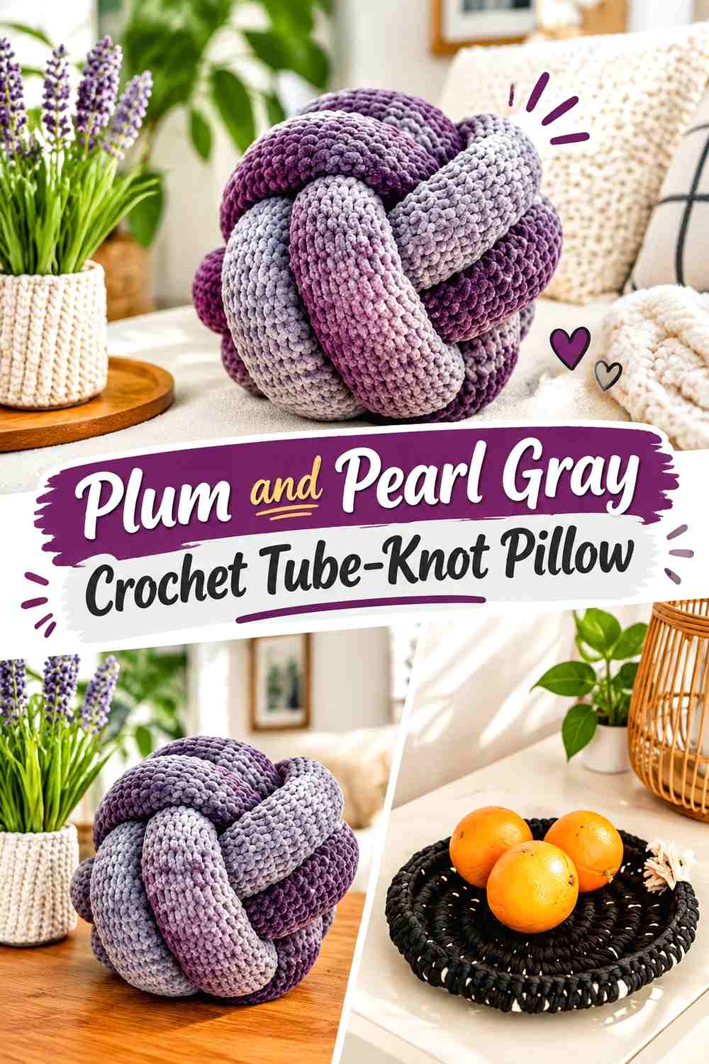 Plum and Pearl Gray Crochet Tube-Knot Pillow