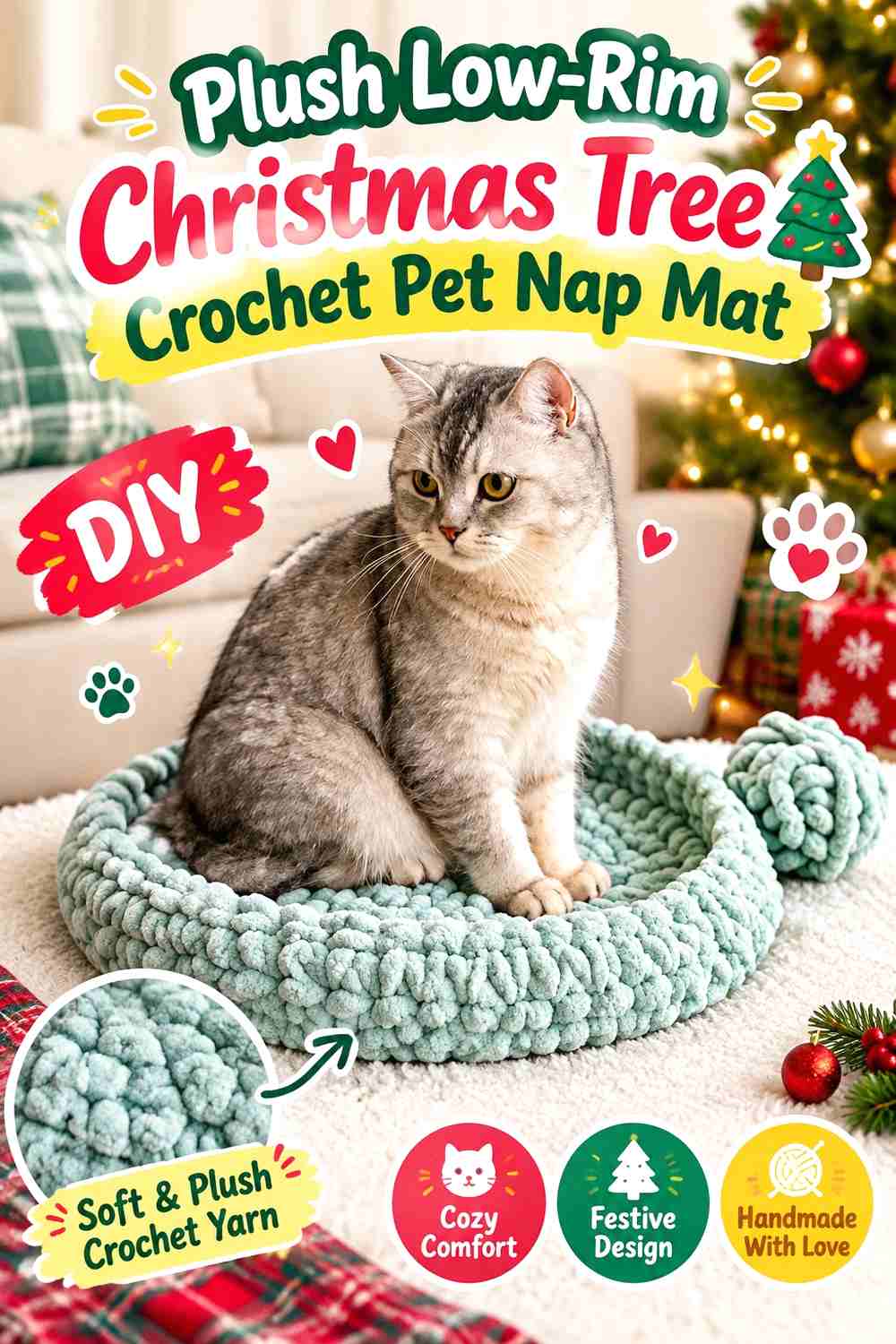 Plush Low-Rim Christmas Tree Crochet Pet Nap Mat