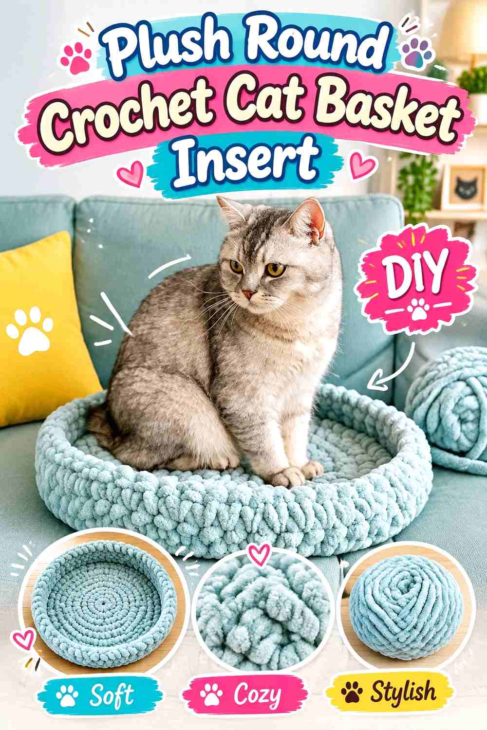 Plush Round Crochet Cat Basket Insert