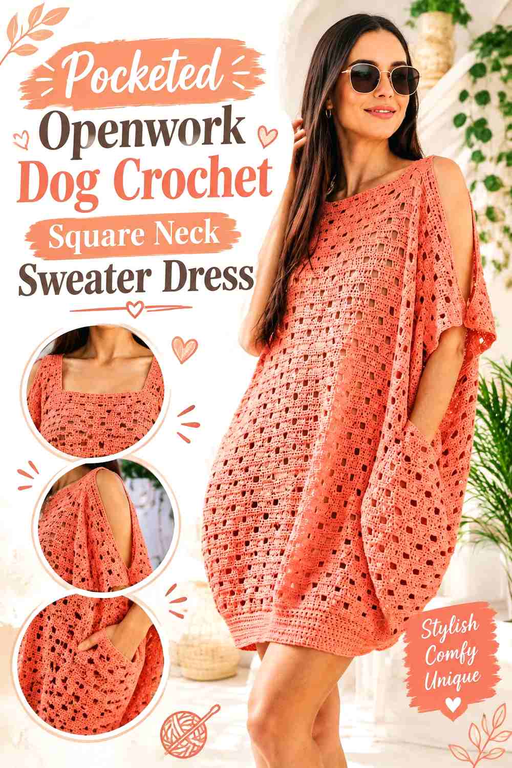Pocketed Openwork Dog Crochet Square Neck Sweater Dress