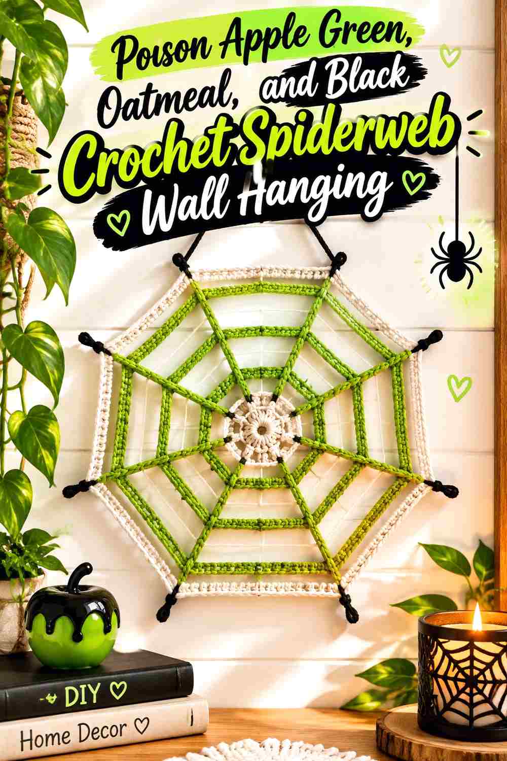 17. Poison Apple Green Oatmeal And Black Crochet Spiderweb Wall Hanging