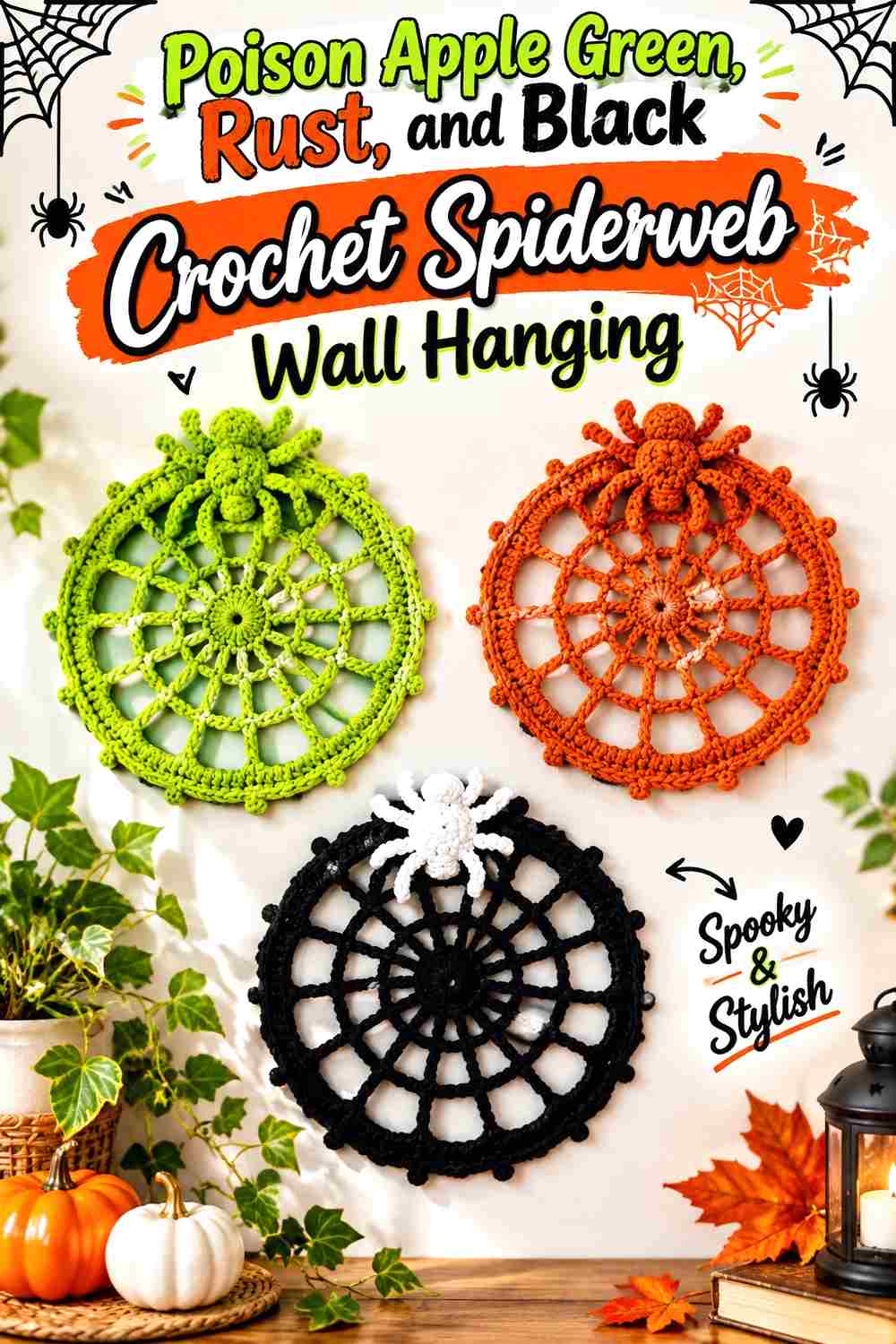 15. Poison Apple Green Rust And Black Crochet Spiderweb Wall Hanging