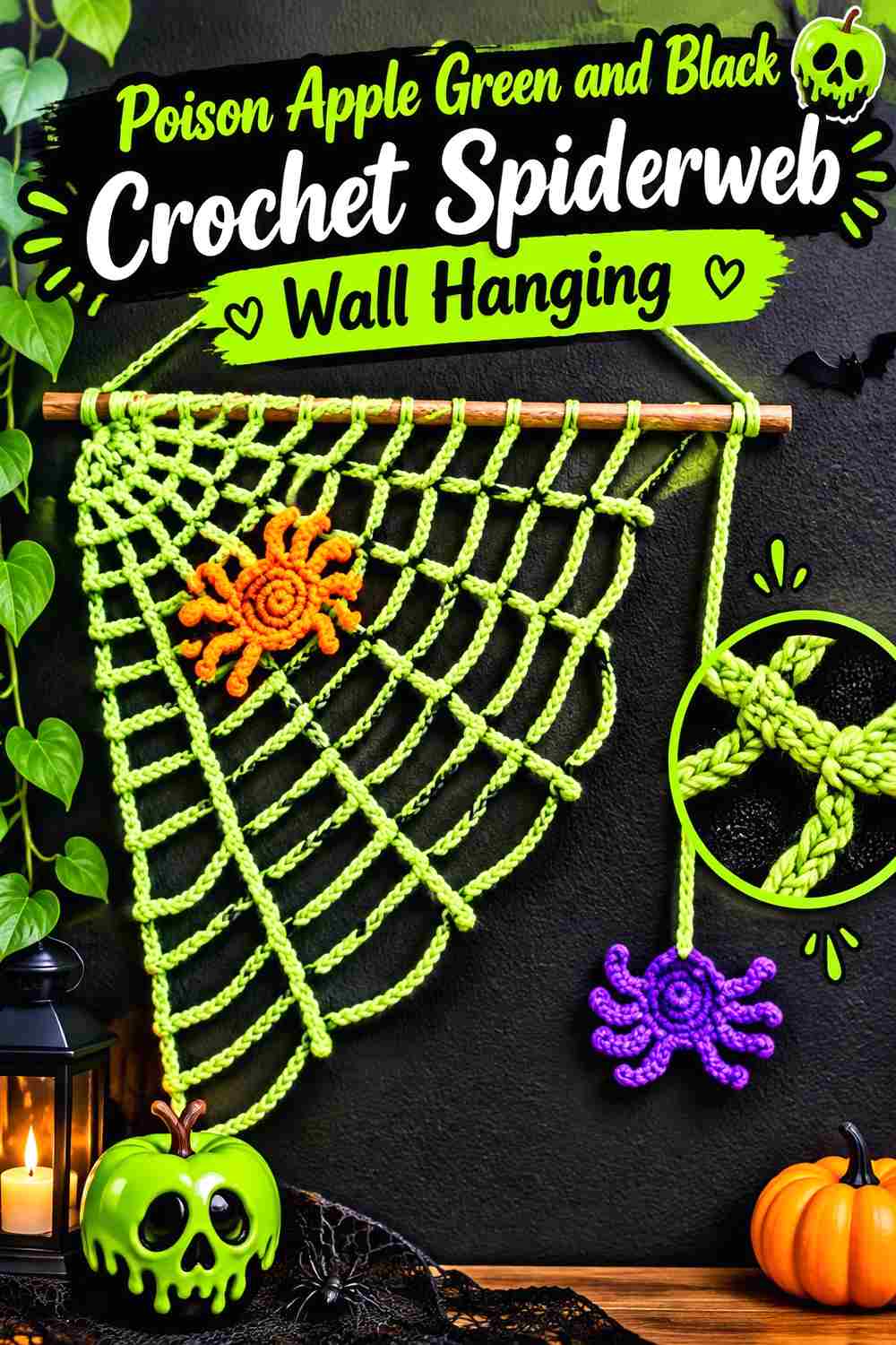 1. Poison Apple Green And Black Crochet Spiderweb Wall Hanging