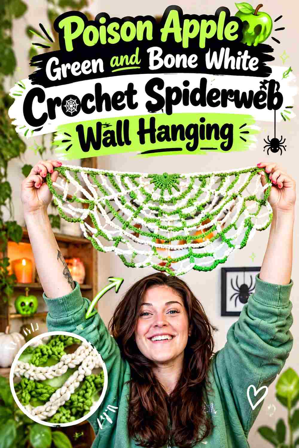 2. Poison Apple Green And Bone White Crochet Spiderweb Wall Hanging