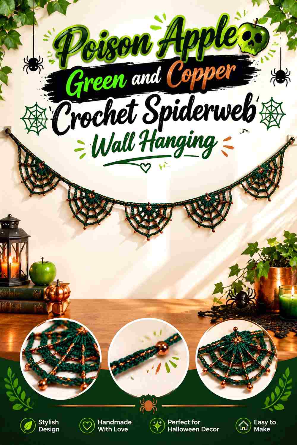 12. Poison Apple Green And Copper Crochet Spiderweb Wall Hanging