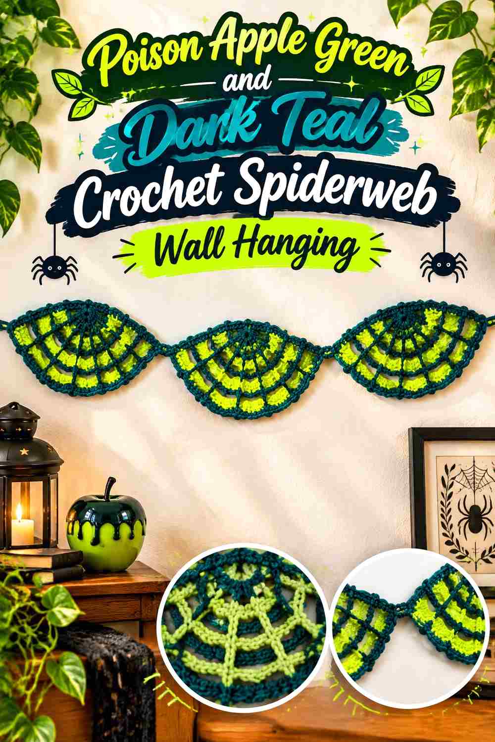 11. Poison Apple Green And Dark Teal Crochet Spiderweb Wall Hanging