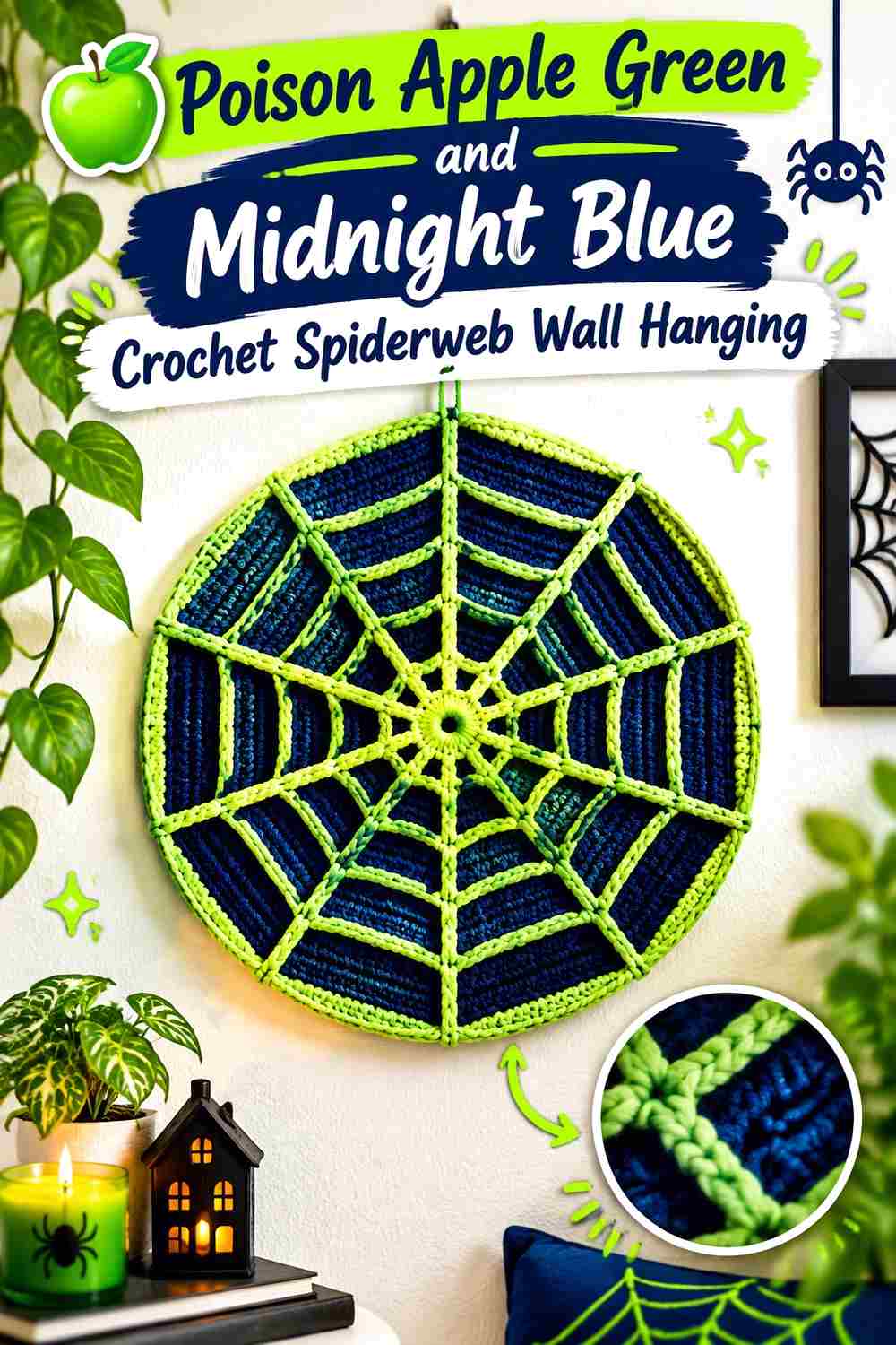 8. Poison Apple Green And Midnight Blue Crochet Spiderweb Wall Hanging