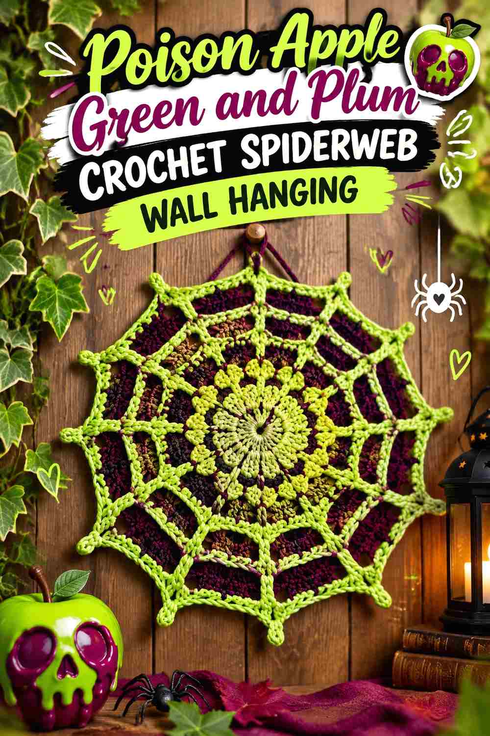 13. Poison Apple Green And Plum Crochet Spiderweb Wall Hanging