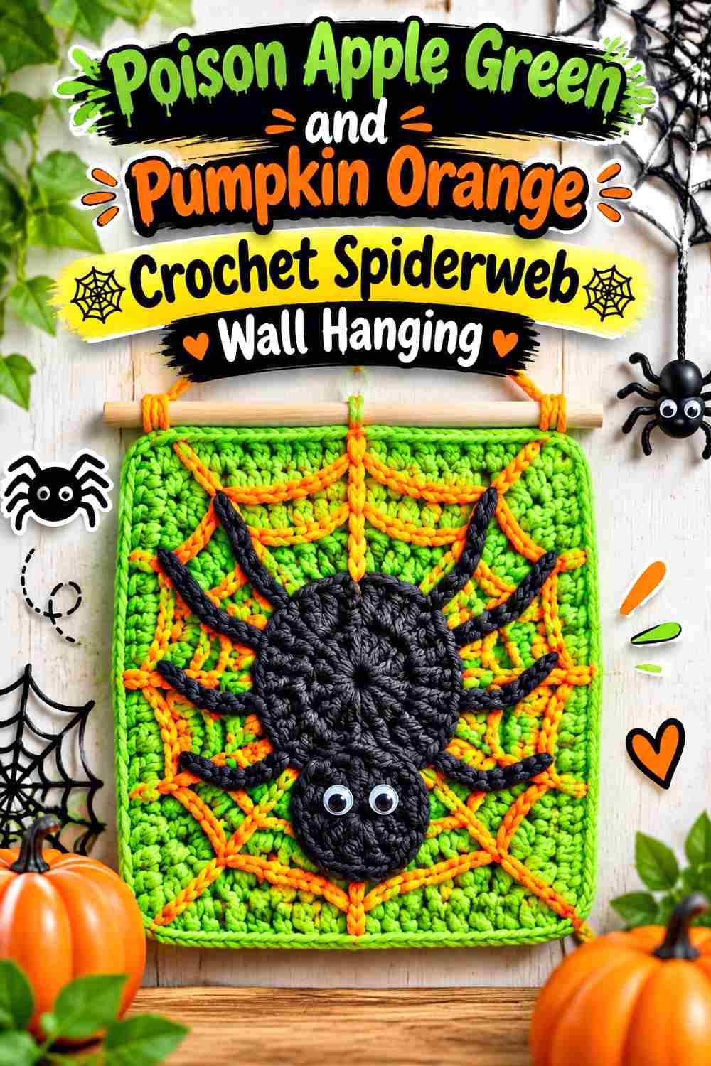 5. Poison Apple Green And Pumpkin Orange Crochet Spiderweb Wall Hanging