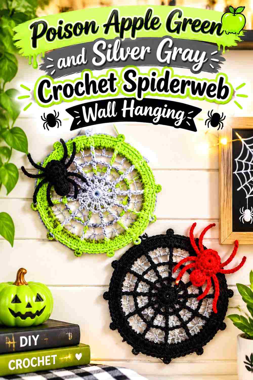 6. Poison Apple Green And Silver Gray Crochet Spiderweb Wall Hanging
