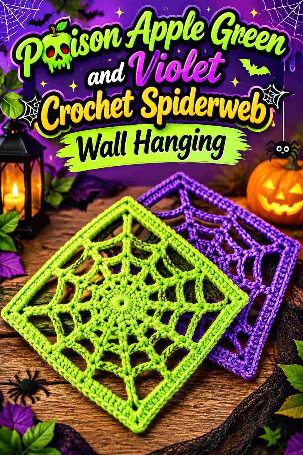 10. Poison Apple Green And Violet Crochet Spiderweb Wall Hanging