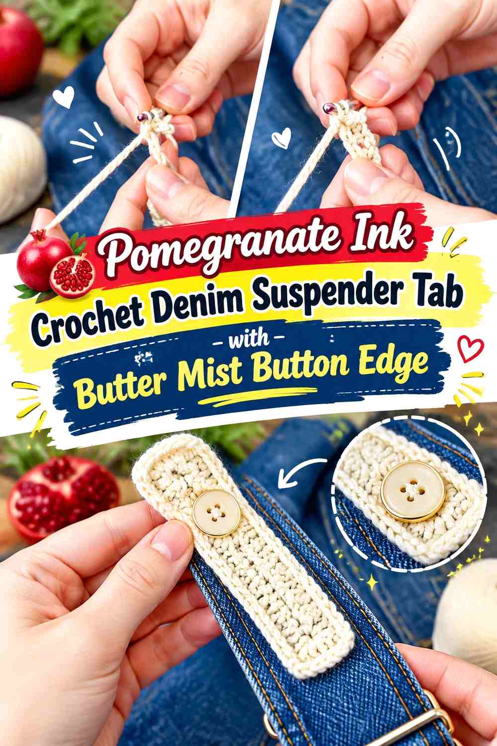 Pomegranate Ink Crochet Denim Suspender Tab with Butter Mist Button Edge