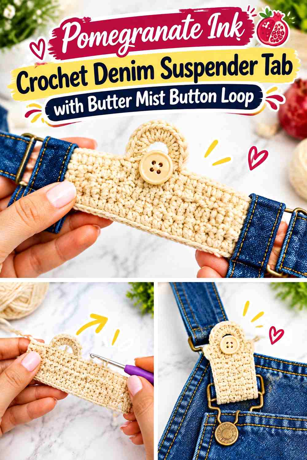 Pomegranate Ink Crochet Denim Suspender Tab with Butter Mist Button Loop
