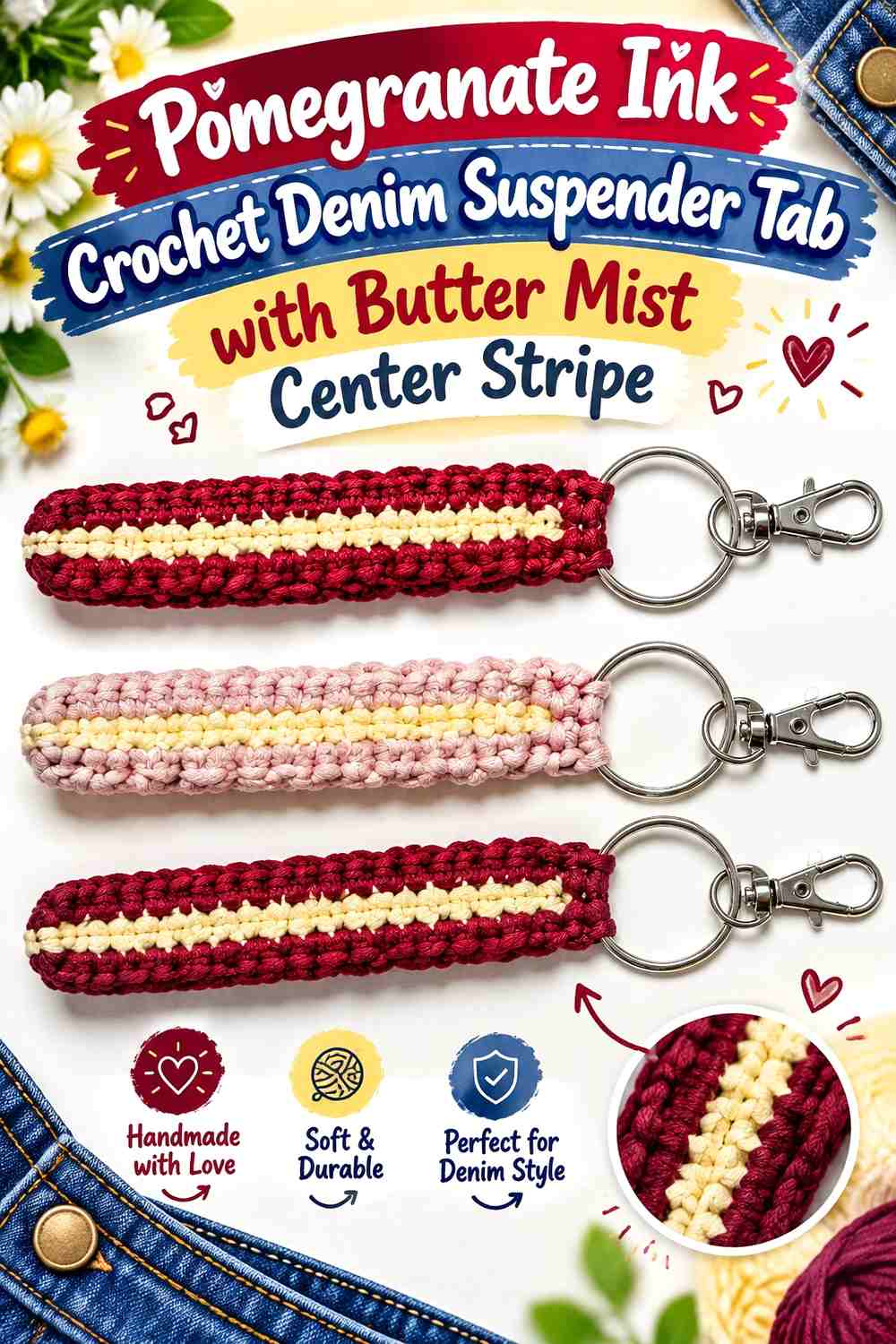 Pomegranate Ink Crochet Denim Suspender Tab with Butter Mist Center Stripe