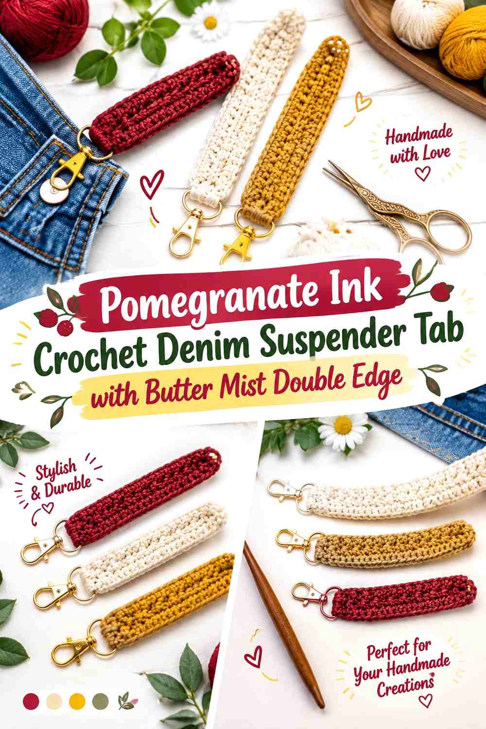 Pomegranate Ink Crochet Denim Suspender Tab with Butter Mist Double Edge