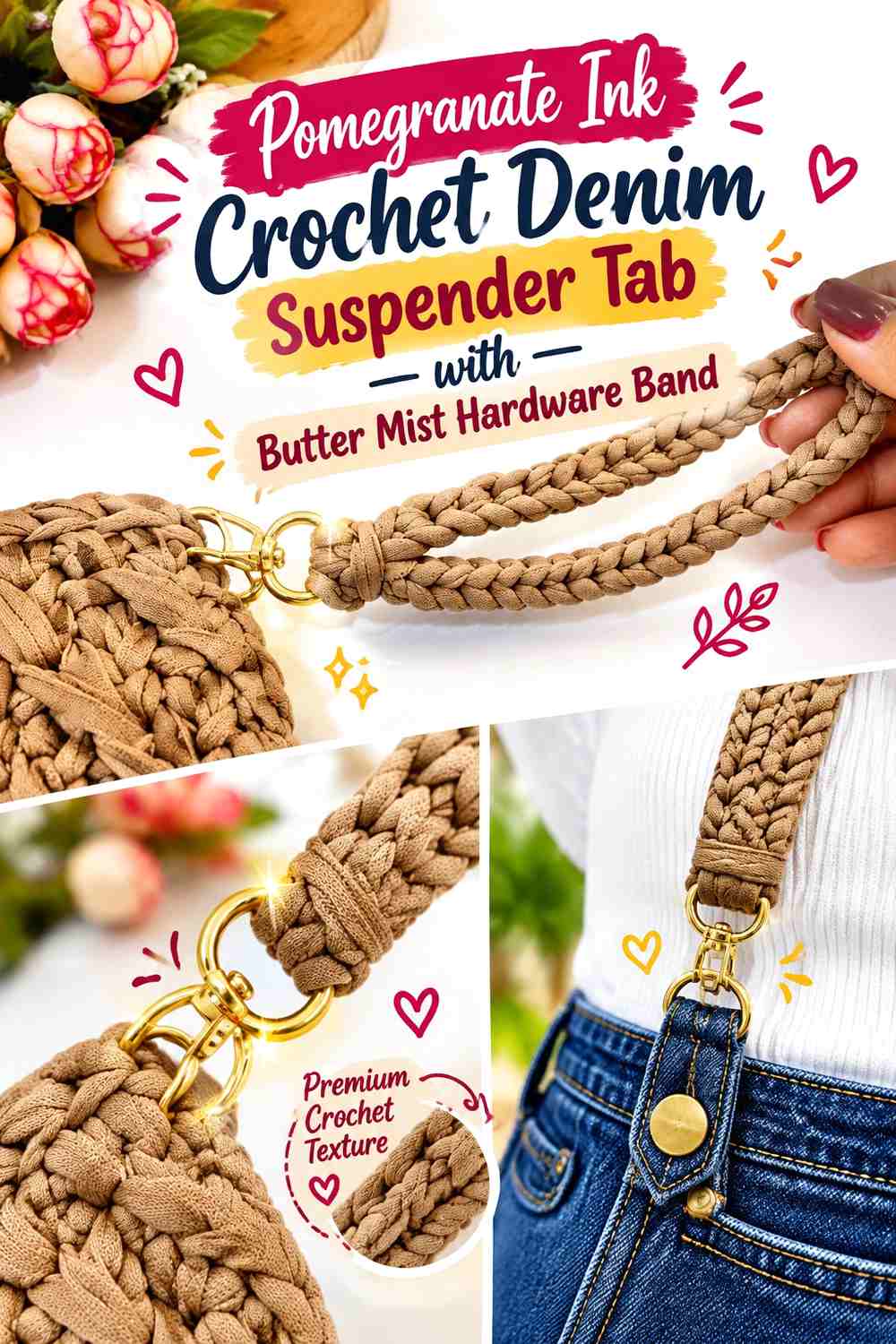 Pomegranate Ink Crochet Denim Suspender Tab with Butter Mist Hardware Band