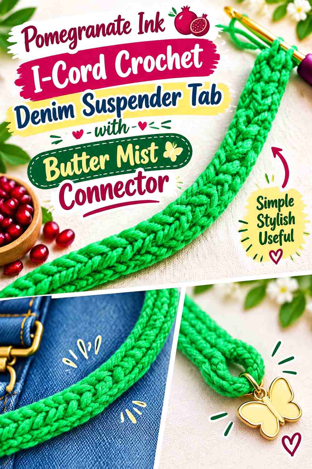 Pomegranate Ink I-Cord Crochet Denim Suspender Tab with Butter Mist Connector